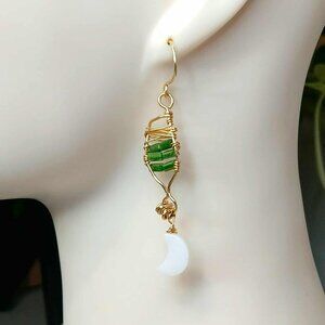 Crescent Moon Iridescent Beaded Dangle Drop Earrings, Celestial Moons Lunar